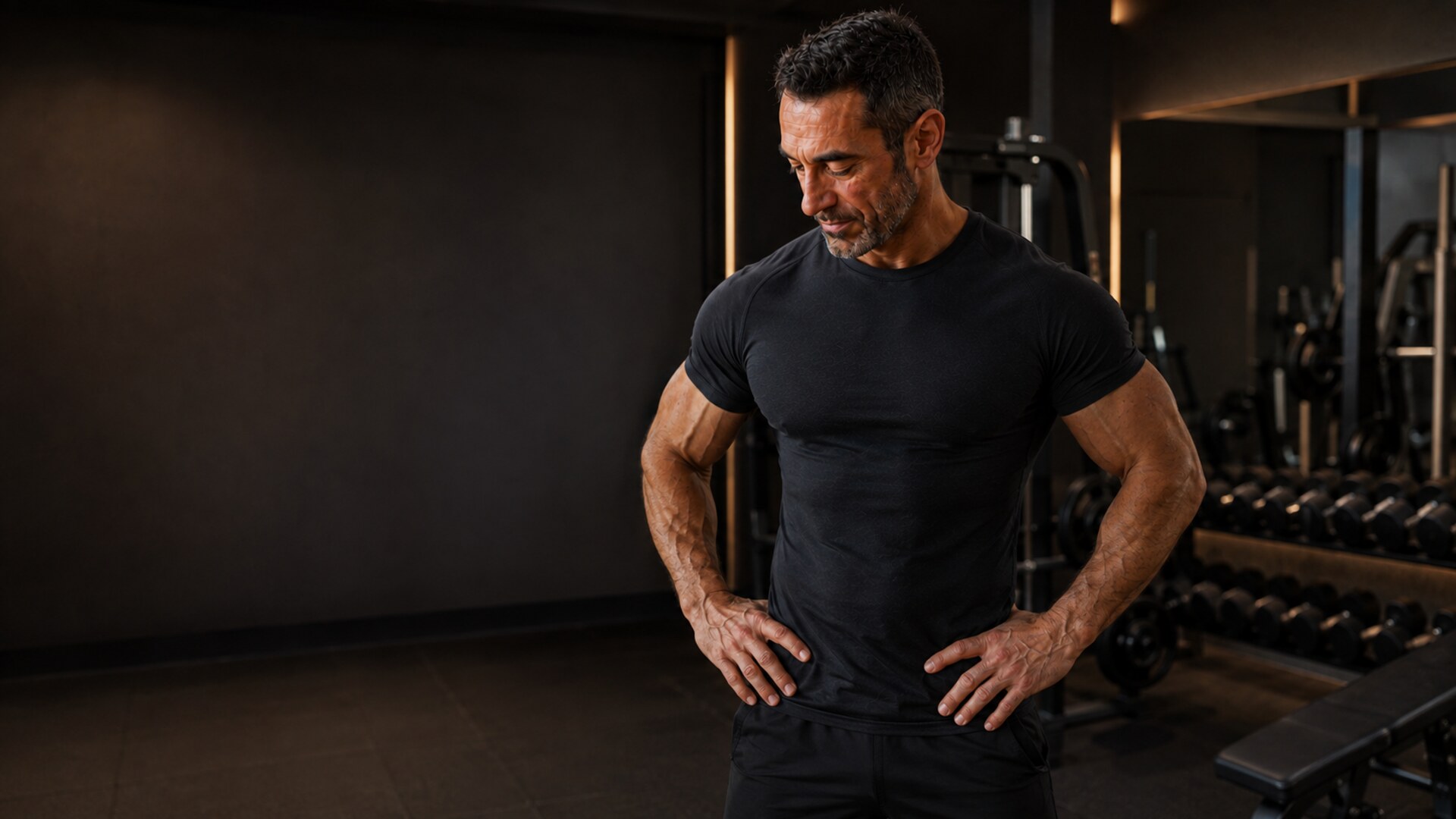 Athletic adult training in a dimly lit private gym