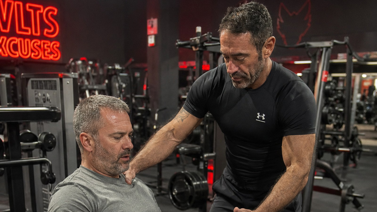 A man in his forties standing beside a loaded barbell in a dark gym, planning his training week