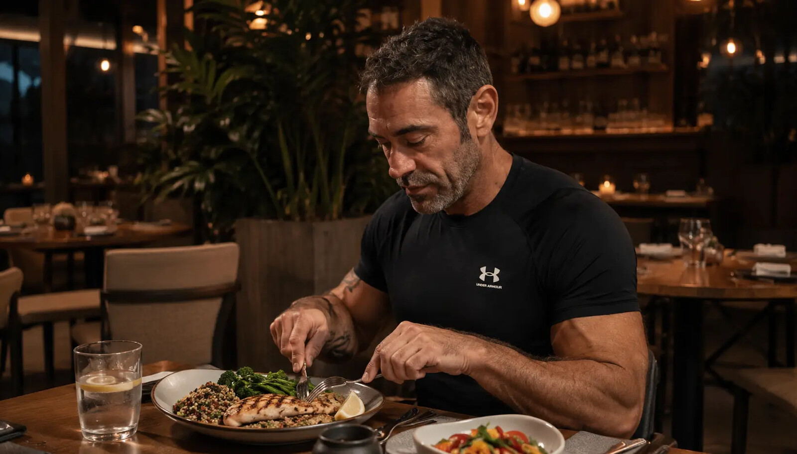 A healthy adult in their forties enjoying a balanced restaurant meal with grilled protein, vegetables and whole grains in a modern warm dining setting