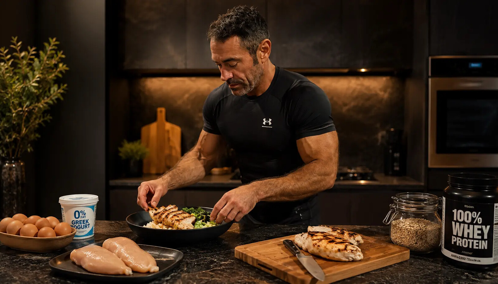 A fit, healthy man in his fifties preparing a balanced high-protein meal in a modern kitchen with grilled chicken, eggs and fresh vegetables