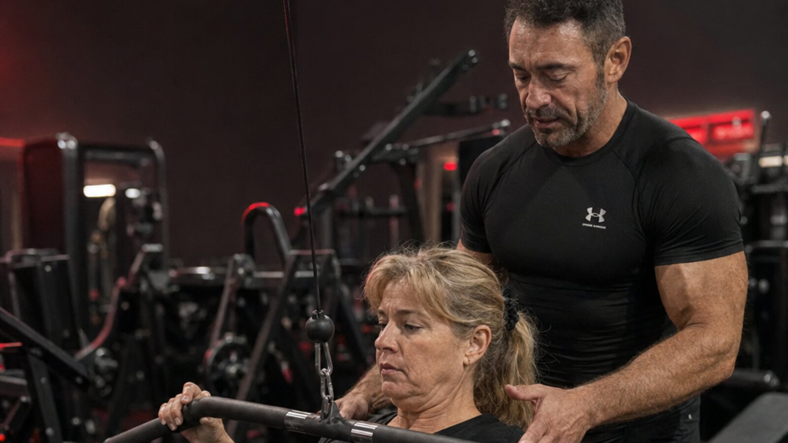 A strong, healthy woman in her fifties pressing dumbbells overhead with confident technique in a dark professional gym