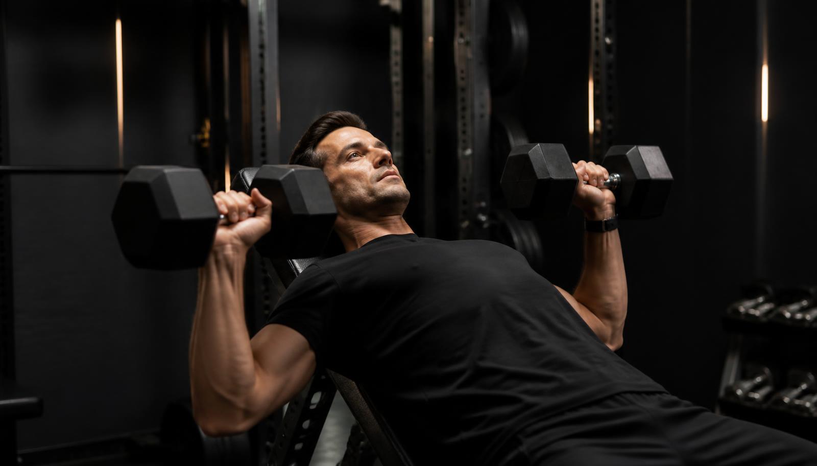 A fit, focused professional man in his mid-30s performing a controlled dumbbell press in a dark professional gym