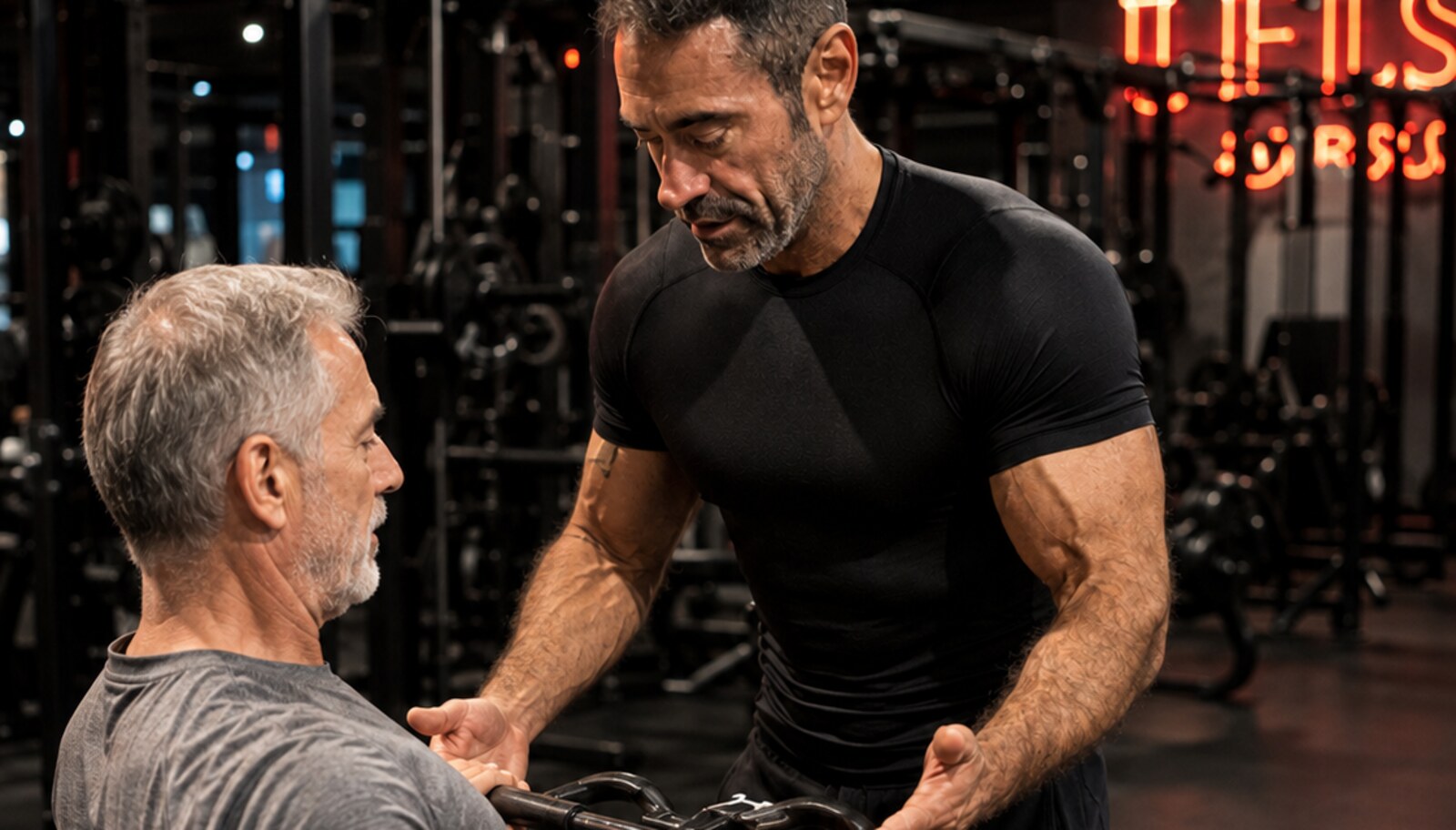 Wolverine Personal Training coach guiding an older male client through a controlled seated cable row in a dark gym