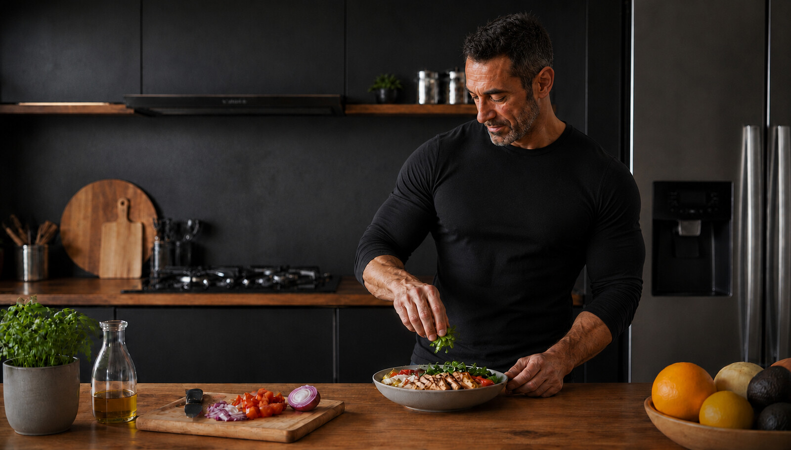 A healthy adult in their forties preparing a simple balanced meal in a modern home kitchen with fresh vegetables, protein and whole grains