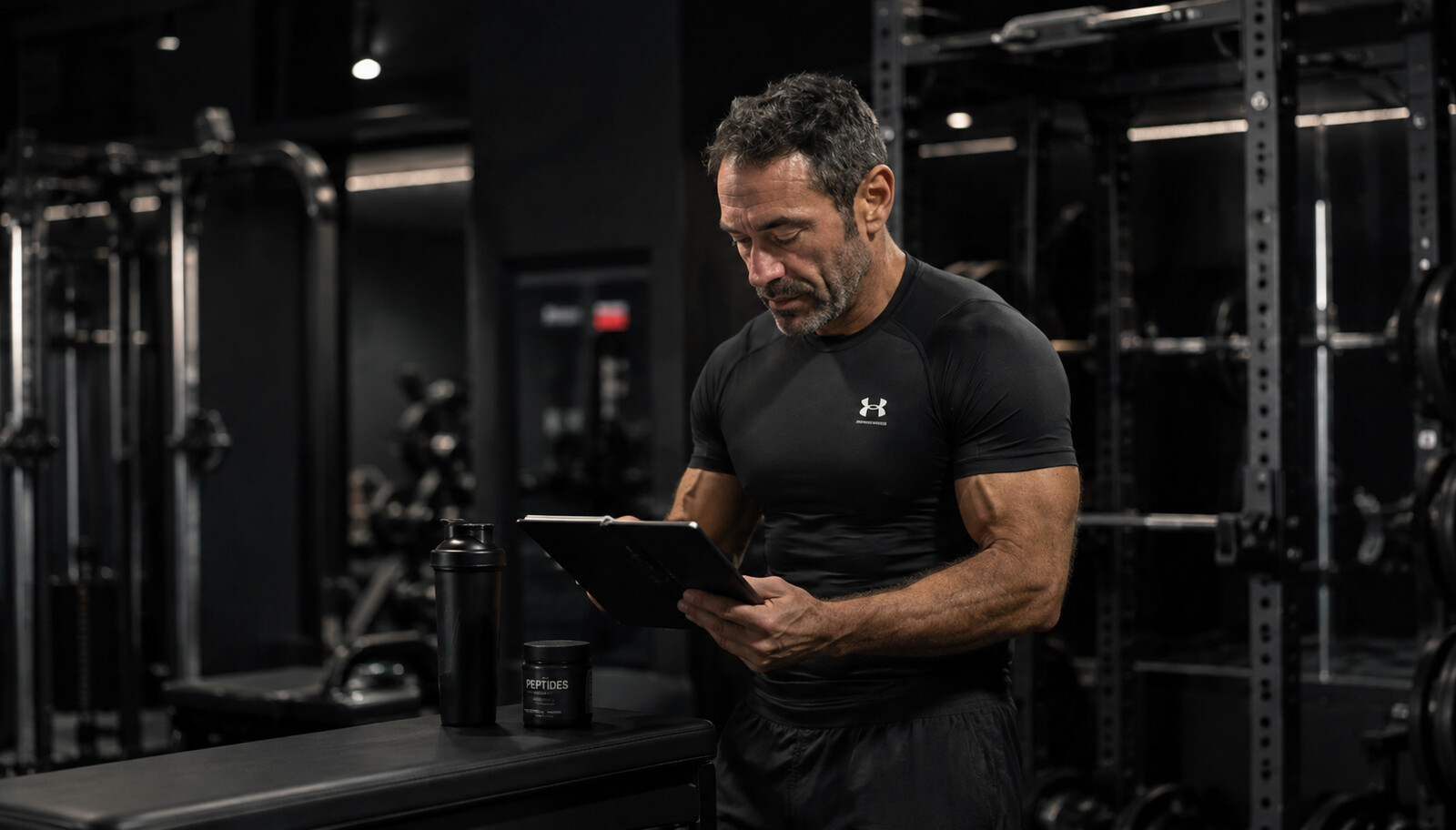 A strong, healthy woman in her late forties training with a dumbbell in a modern professional gym