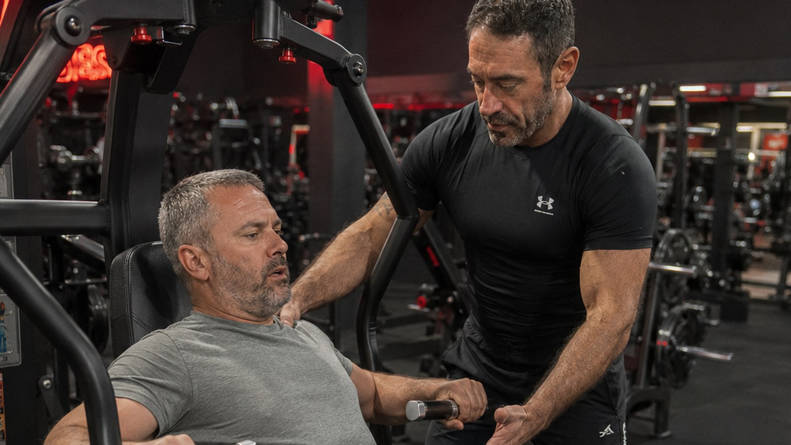 A strong, athletic man in his late forties training confidently with a dumbbell row in a professional gym