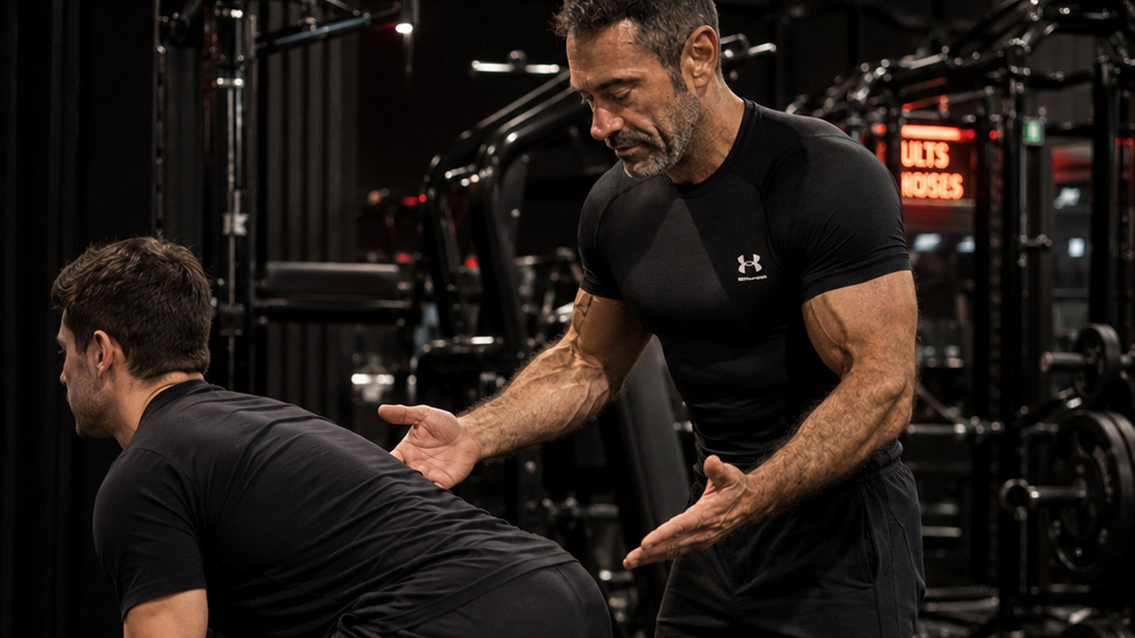 A strong, healthy man in his late 40s performing a controlled barbell back squat with excellent technique in a professional gym