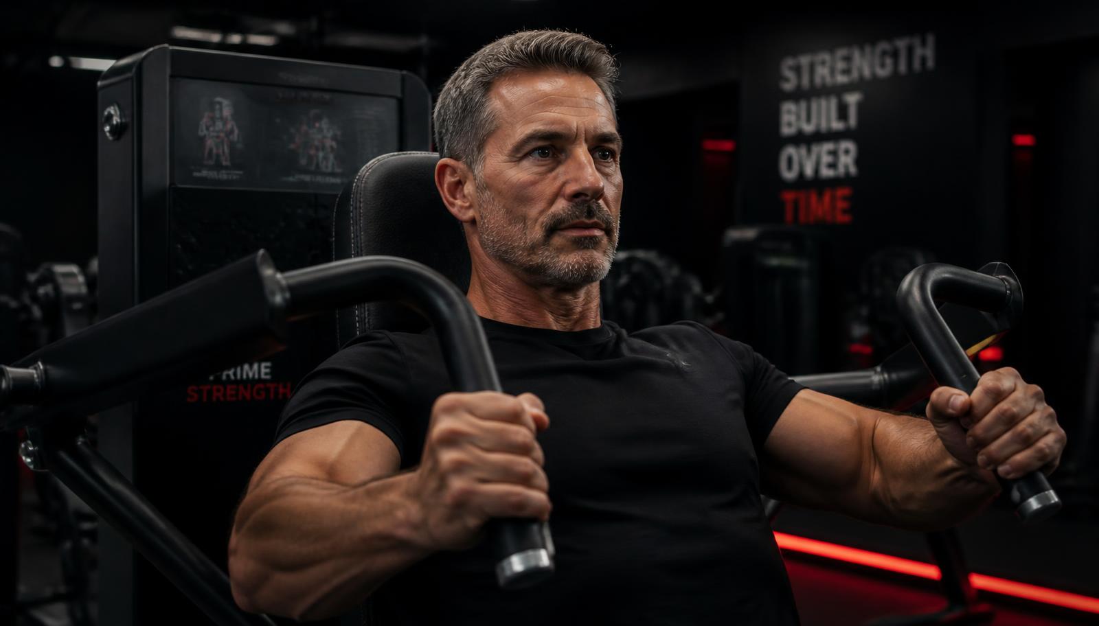 A fit, healthy man in his early fifties performing a controlled machine-based resistance exercise in a dark professional gym