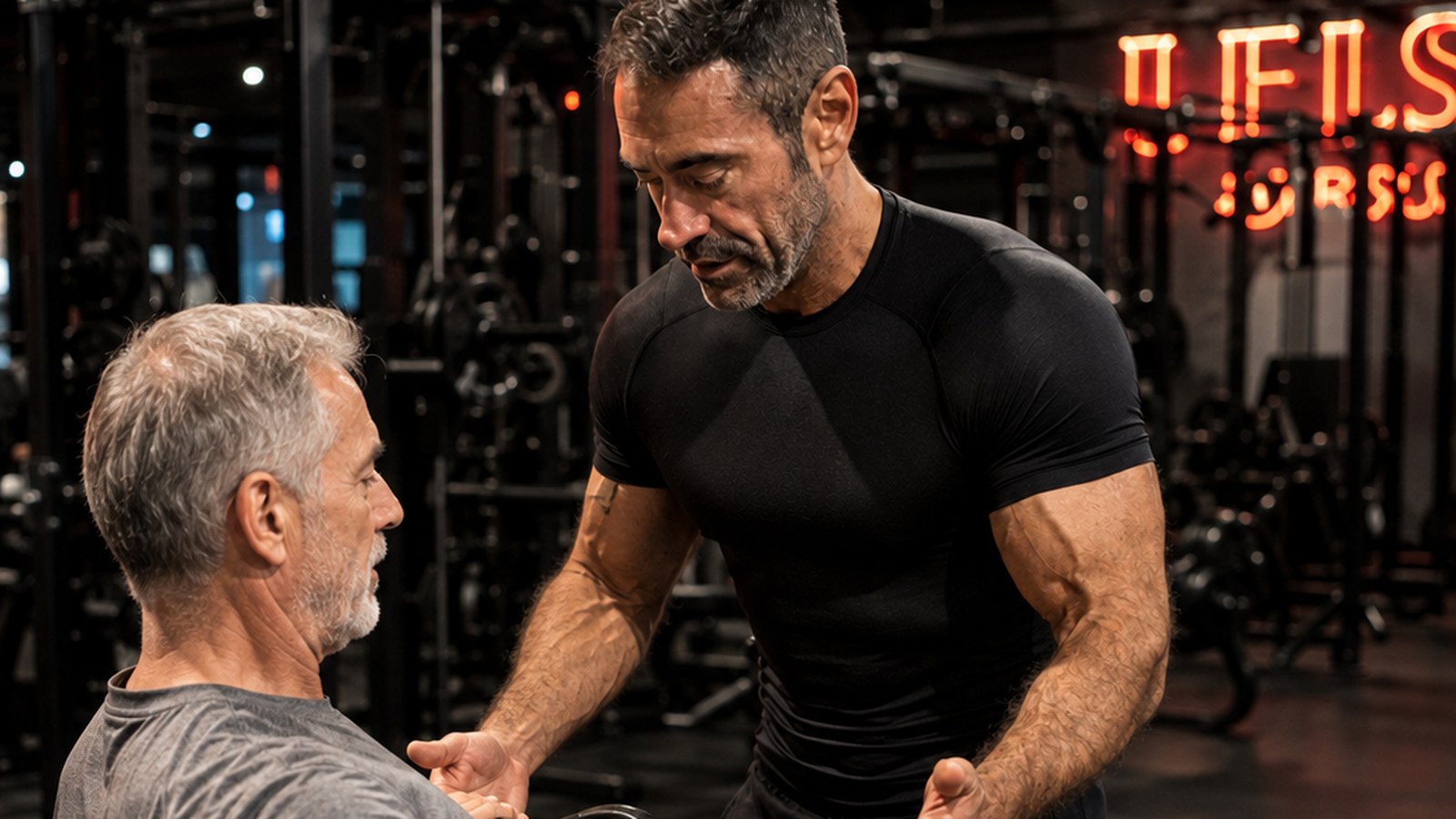 A strong, healthy man around 55 years old performing a barbell back squat confidently in a professional gym