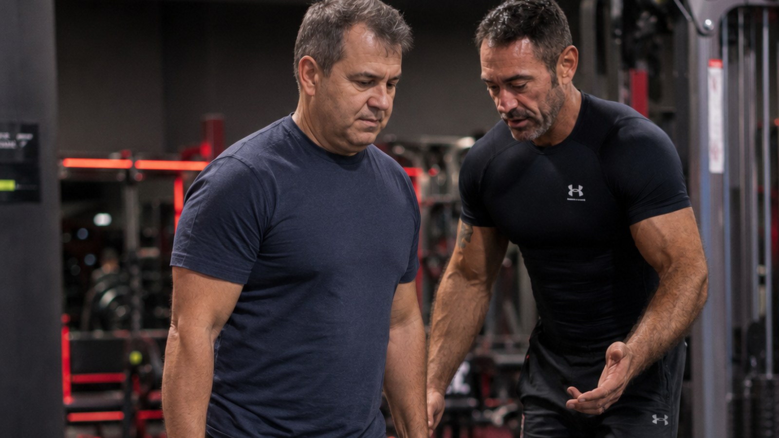A strong, capable man in his early fifties performing a focused dumbbell press in a dark professional gym