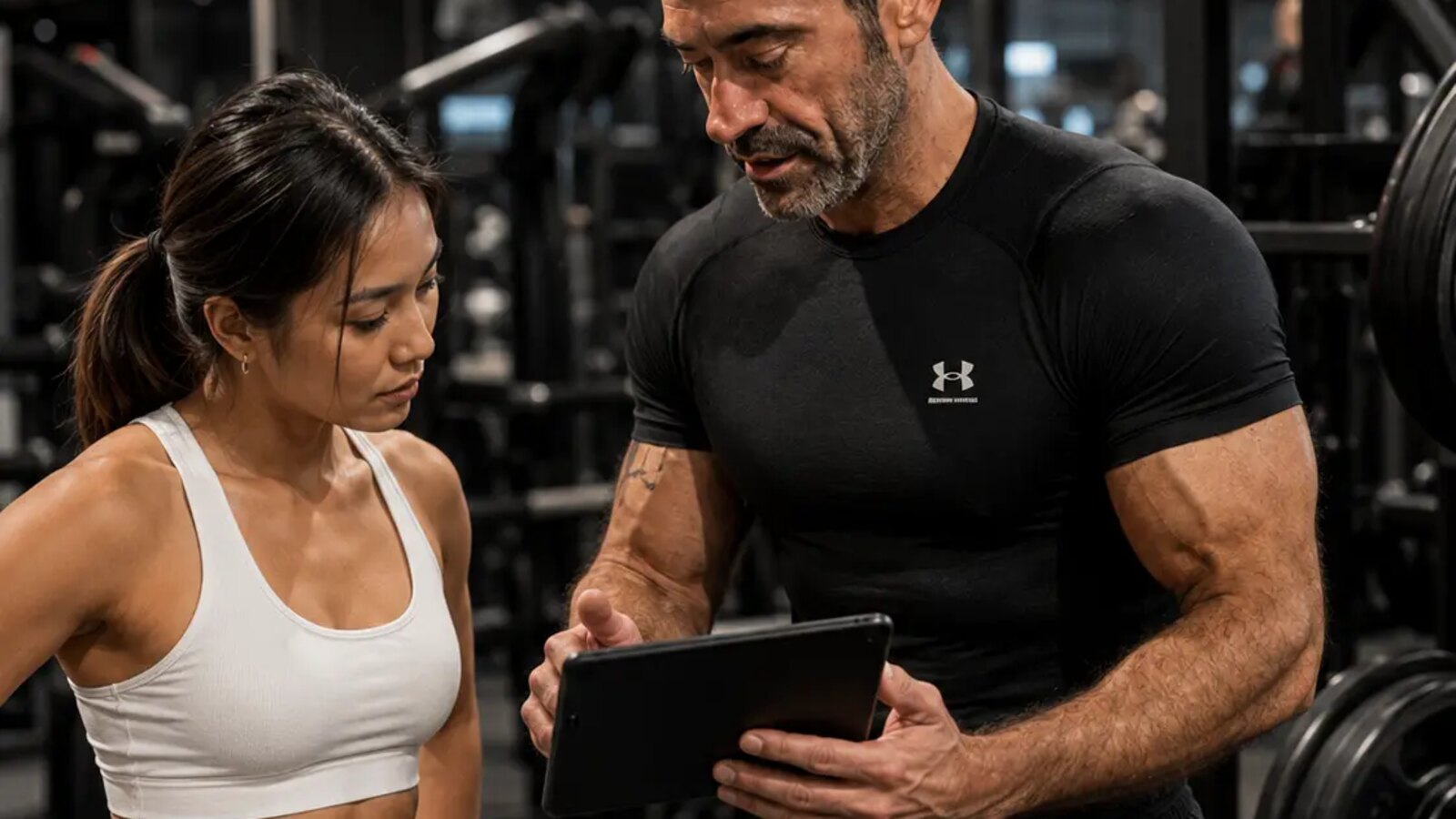 A strong, healthy man in his late 40s performing a focused dumbbell bench press in a professional gym with dramatic lighting