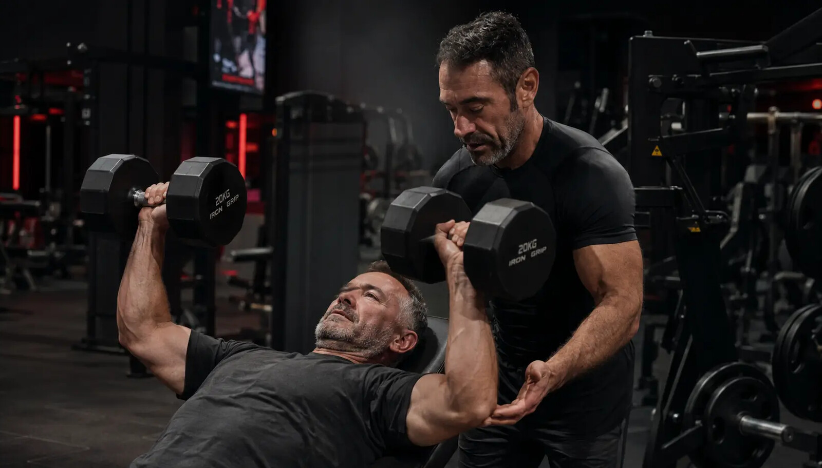 A strong, healthy man in his late forties performing a single-arm dumbbell row with controlled technique in a dark professional gym